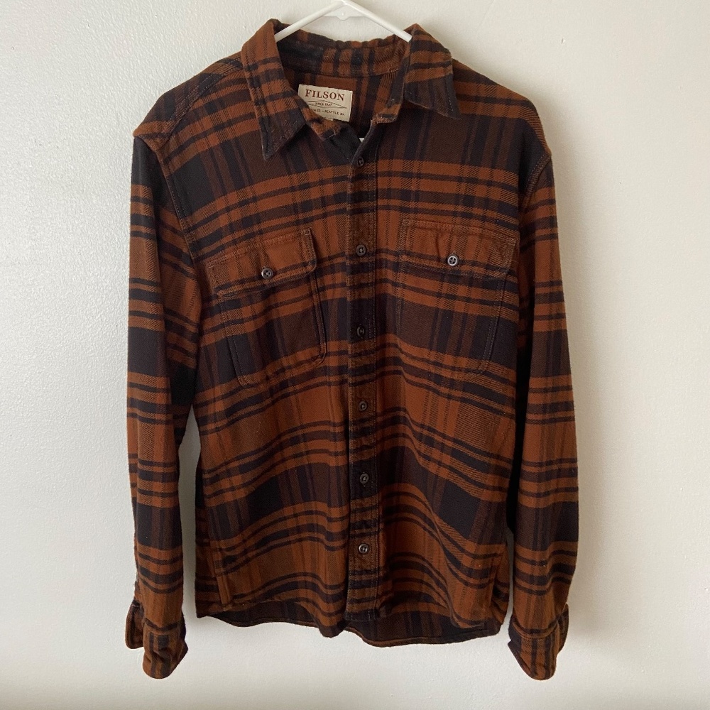 Filson Men's Medium 100% Cotton Copper Black Plaid Flannel Work Shirt 11010689 - Picture 1 of 10